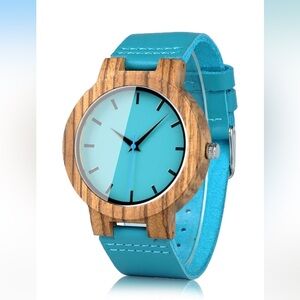 BOBO BIRD Women's Bamboo Wooden Watch with Blue Cowhide‎ Leather Strap